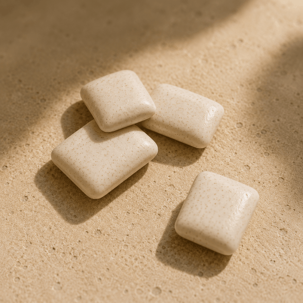 White Perli gum pieces arranged on warm stone in morning light
