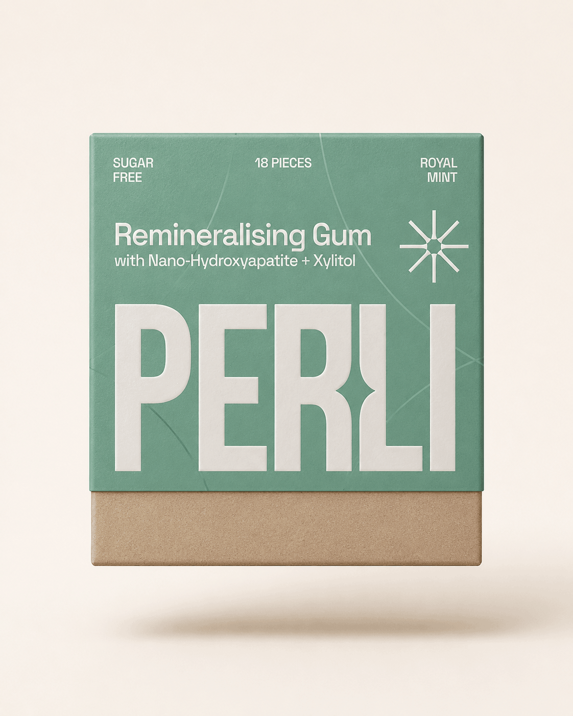 Perli Royal Mint remineralising gum box floating on ivory background